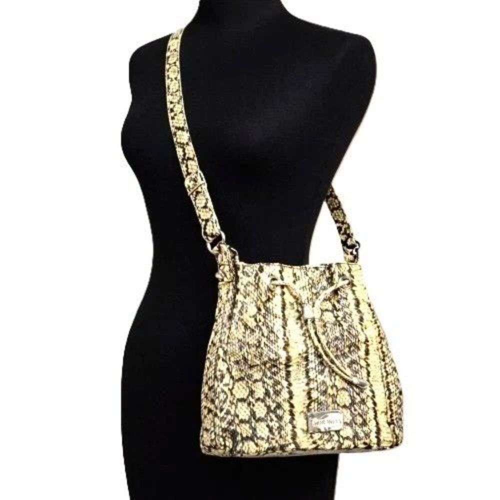 Nine West Snakeprint Bucket Bag Drawstring Shoulder Purse Tan Black Faux Leather